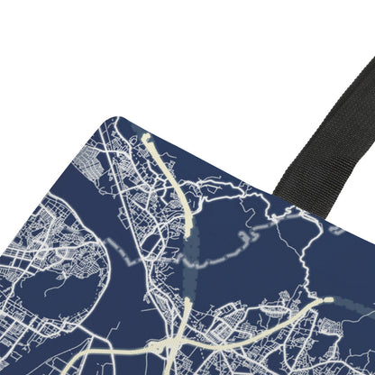 Map design on a product with a black strap