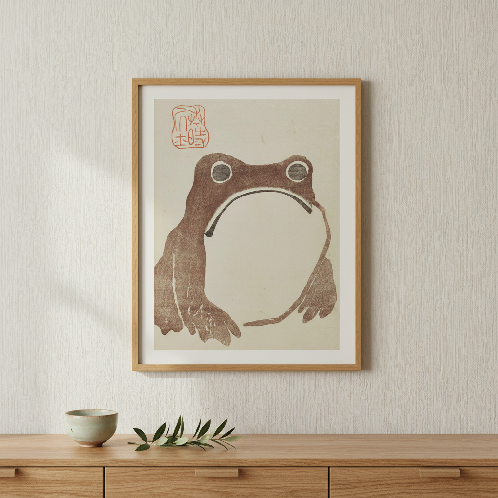 Classic 1814 Matsumoto Hoji Japanese woodblock print of a grumpy frog rendered in black ink against a warm vintage tofu background.