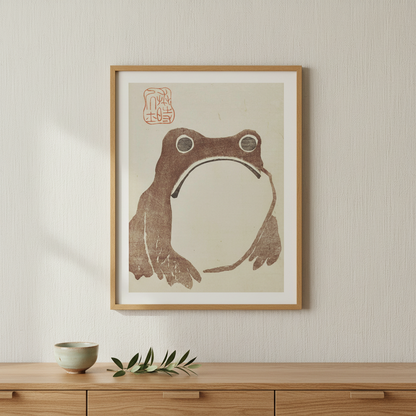 Classic 1814 Matsumoto Hoji Japanese woodblock print of a grumpy frog rendered in black ink against a warm vintage tofu background.