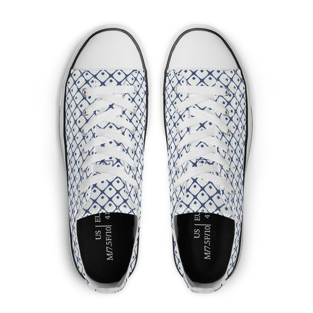 White sneakers with blue geometric pattern on a white background