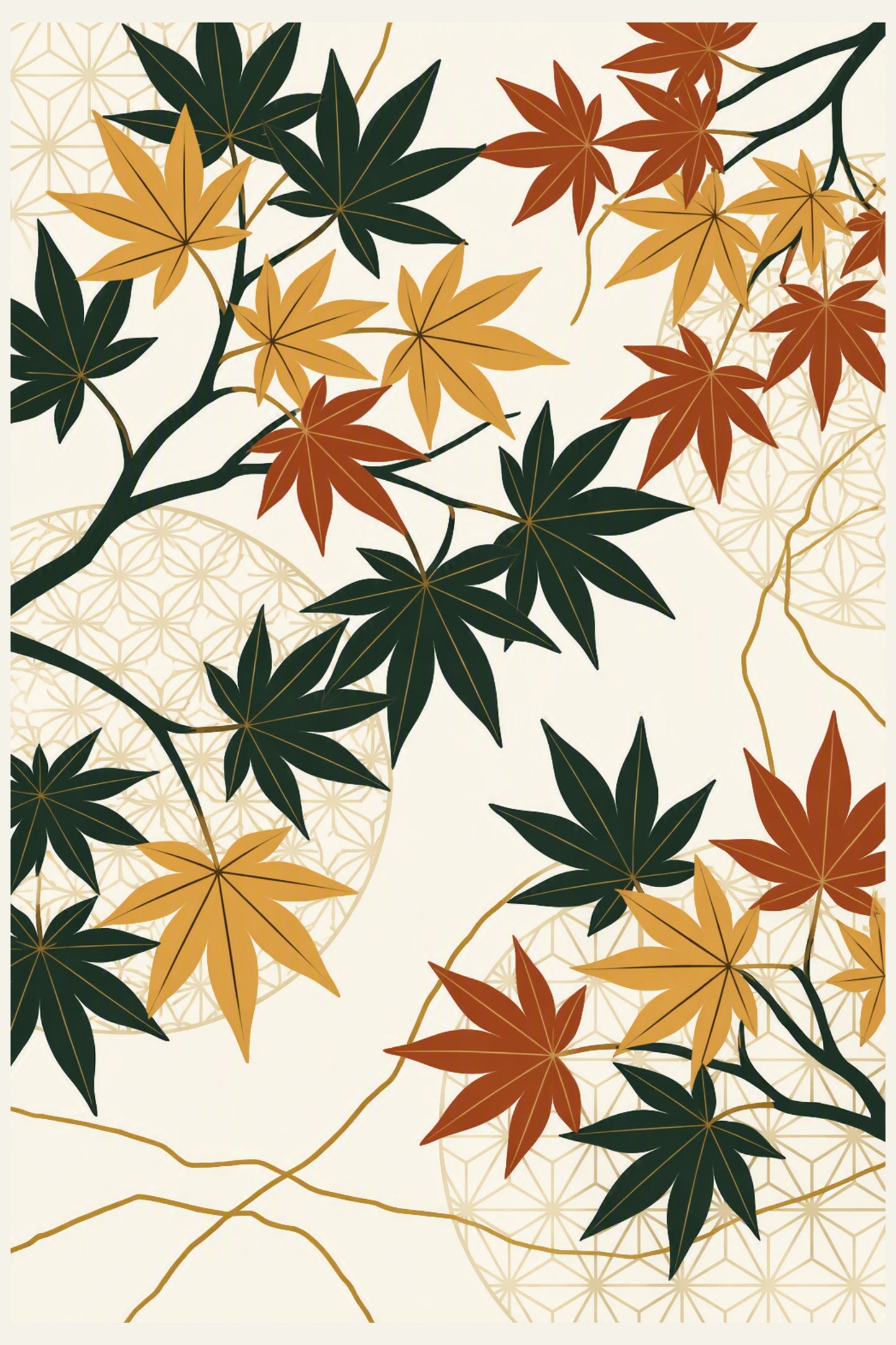 Japanese-style autumn maple leaf pattern with dark green, mustard yellow, and rust-orange leaves on branching vines over a cream background with subtle geometric floral motifs.