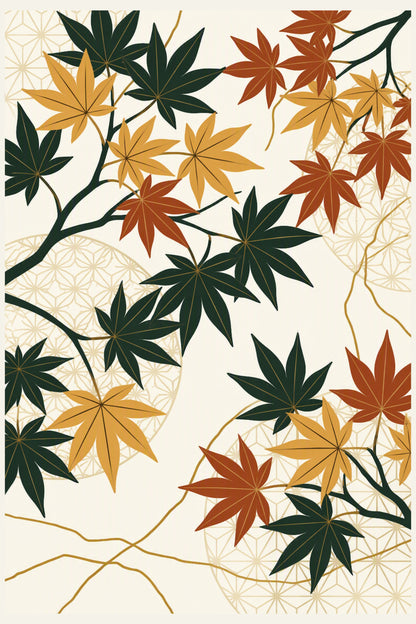 Japanese-style autumn maple leaf pattern with dark green, mustard yellow, and rust-orange leaves on branching vines over a cream background with subtle geometric floral motifs.
