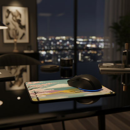 Mouse on a colorful mouse pad with a cityscape view at night.