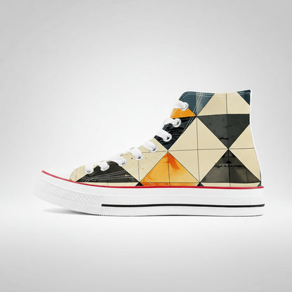 Colorful Moyo Kaleidoscope geometric pattern high top canvas sneakers with Japanese Wagara design.