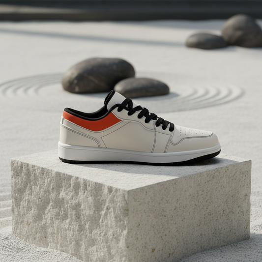 White sneaker with orange heel on a stone block with pebbles in the background