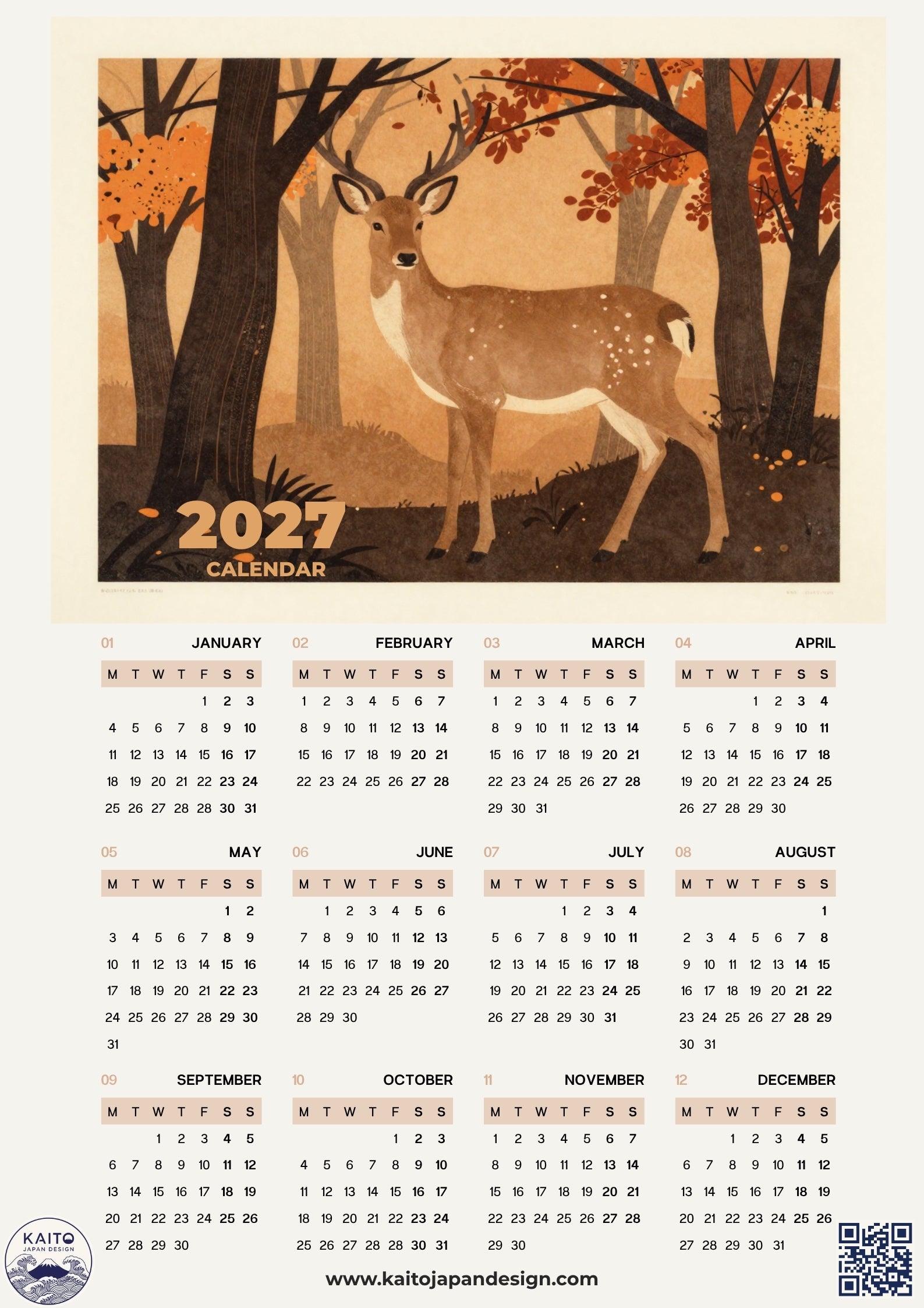 A 2027 calendar poster featuring an illustrated deer in an autumn forest above a full monthly calendar grid. The design has a warm beige background with orange, brown, and cream tones.