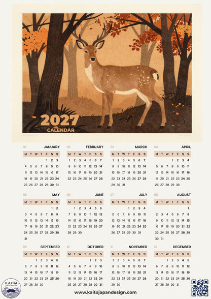 A 2027 calendar poster featuring an illustrated deer in an autumn forest above a full monthly calendar grid. The design has a warm beige background with orange, brown, and cream tones.