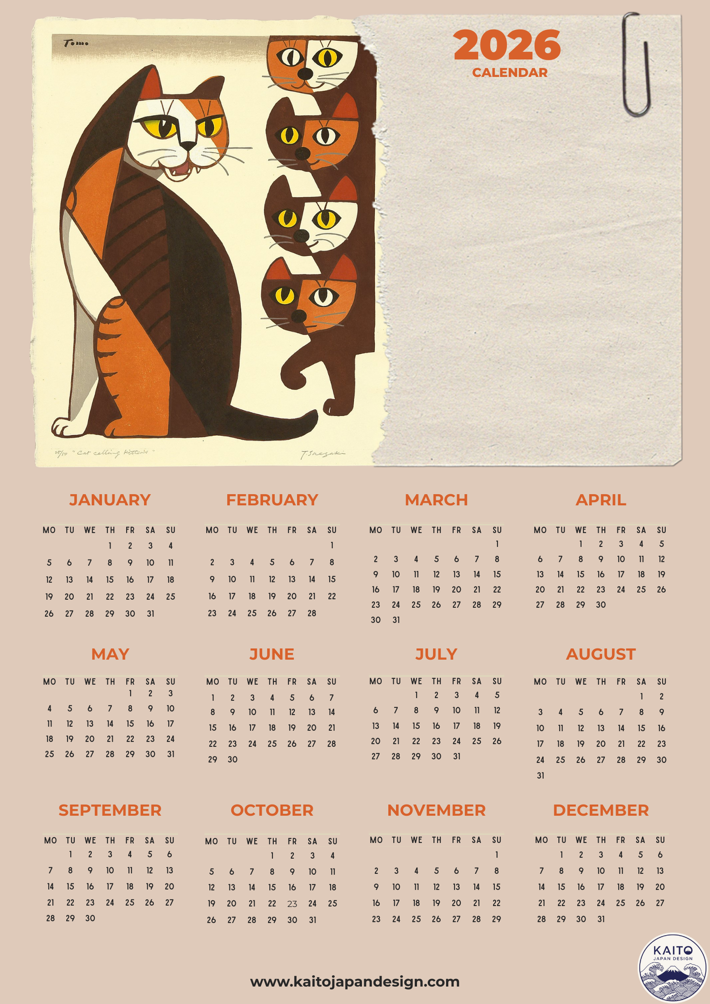 2026 calendar with cat illustration on a beige background