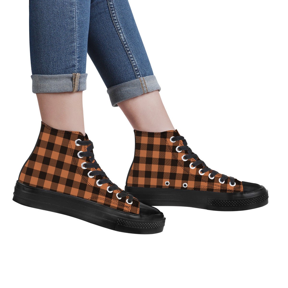 Black and brown checkered pattern canvas high top sneakers with Japanese Wagara design.