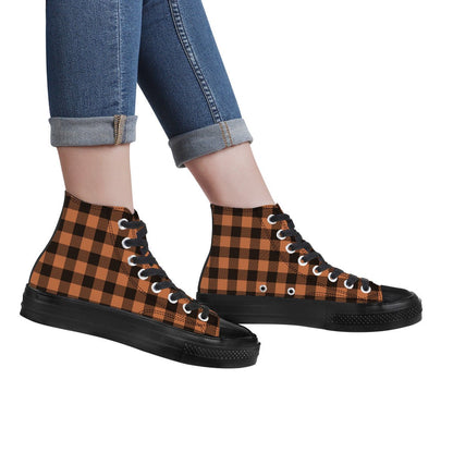 Black and brown checkered pattern canvas high top sneakers with Japanese Wagara design.
