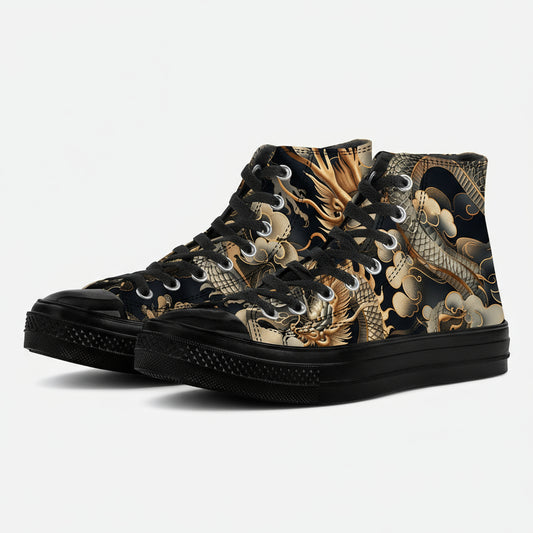 Gold and black Japanese dragon print canvas high top sneakers on a dark background.