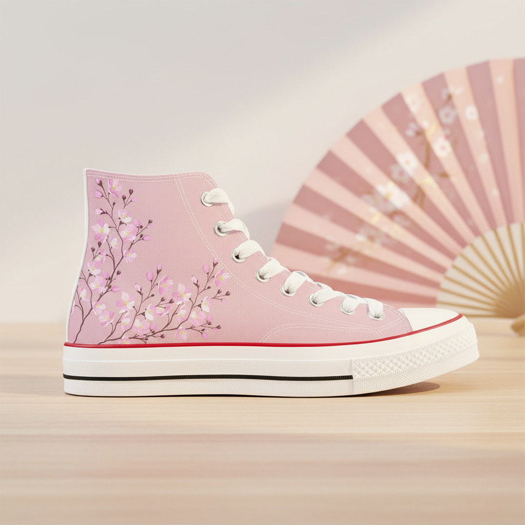 ide view of a premium soft pink high-top sneaker featuring an elegant all-over print of white and darker pink cherry blossoms on delicate brown branches
