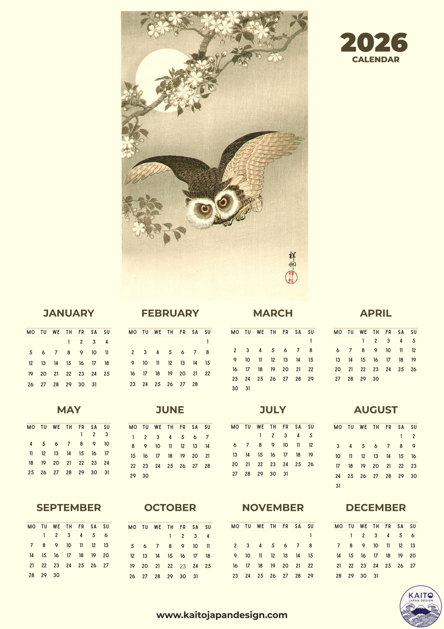 2026 calendar with an owl design on a white background