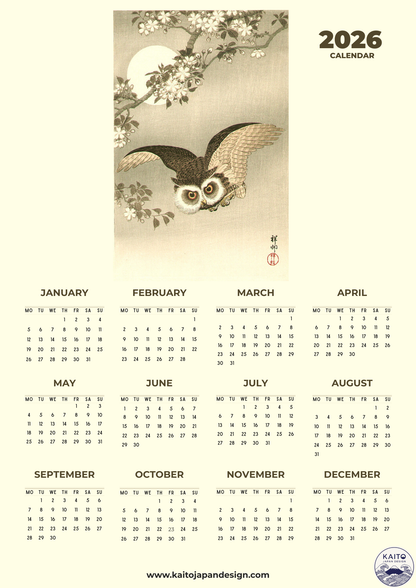 2026 calendar with an owl design on a white background