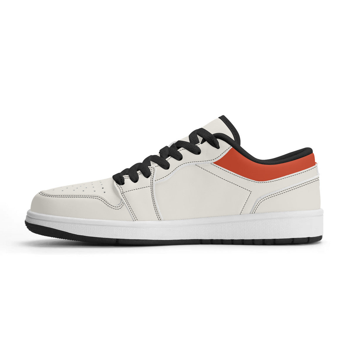 White sneaker with black laces and orange heel on a white background