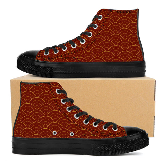 Brown high-top sneakers with black soles on a cardboard box