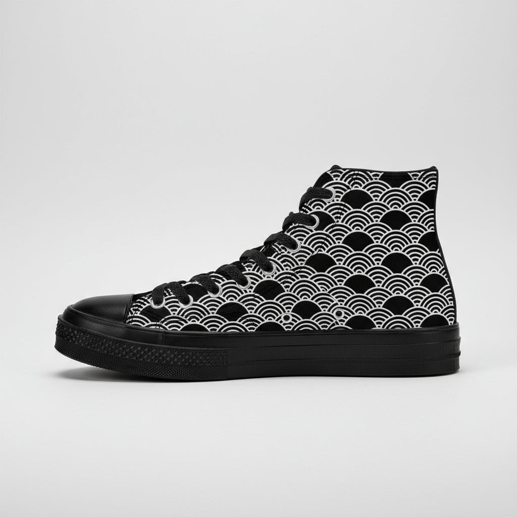 Black high-top sneaker with white wave pattern on a white background