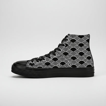 Black high-top sneaker with white wave pattern on a white background