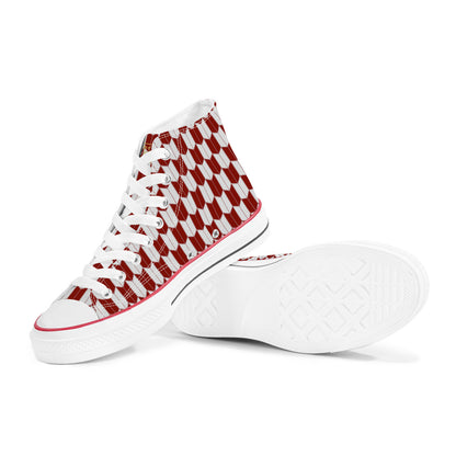 White high-top sneakers with red and white checkered pattern on a white background