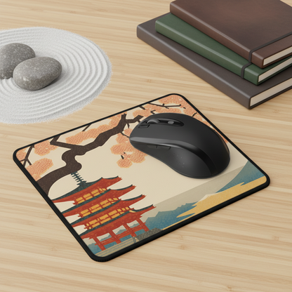 Mouse pad with Japanese temple design on a wooden surface with a mouse.