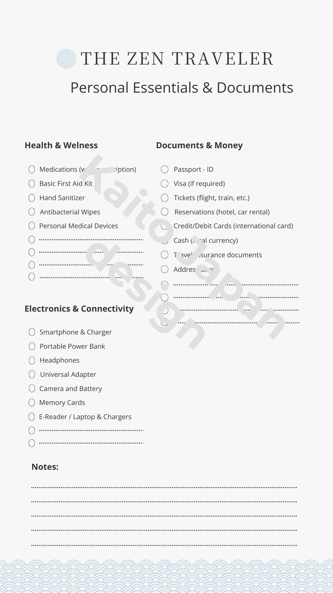 Checklist for personal essentials and documents with a light blue gradient background