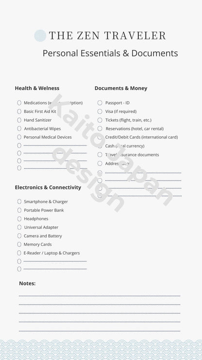 Checklist for personal essentials and documents with a light blue gradient background