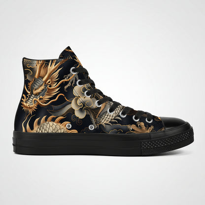 Premium high-top canvas sneakers featuring a majestic golden Japanese dragon with intricate scales and traditional swirling clouds on a deep black canvas