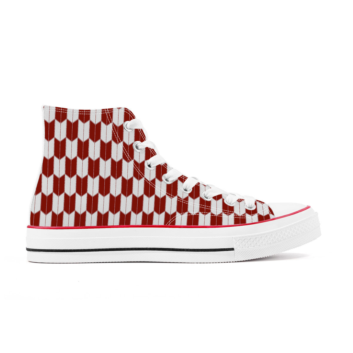 High-top sneaker with geometric red and white pattern on a white background