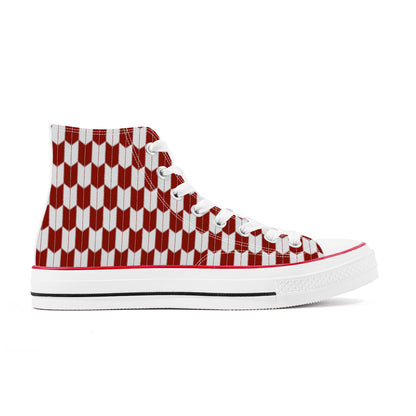 High-top sneaker with geometric red and white pattern on a white background