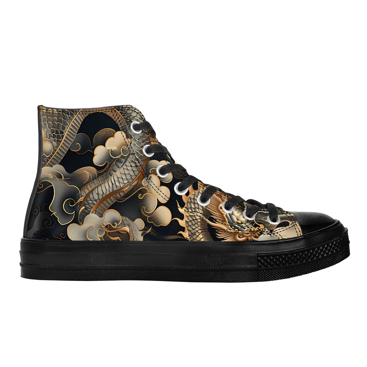Gold and black Japanese dragon print canvas high top sneakers on a dark background.