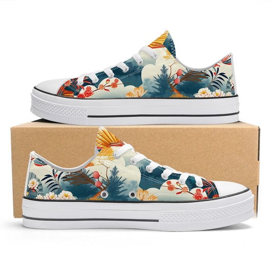 Colorful sneakers with nature-themed design on a white background