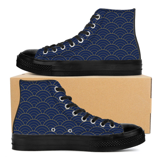 Blue high-top sneakers with wave pattern on a cardboard box