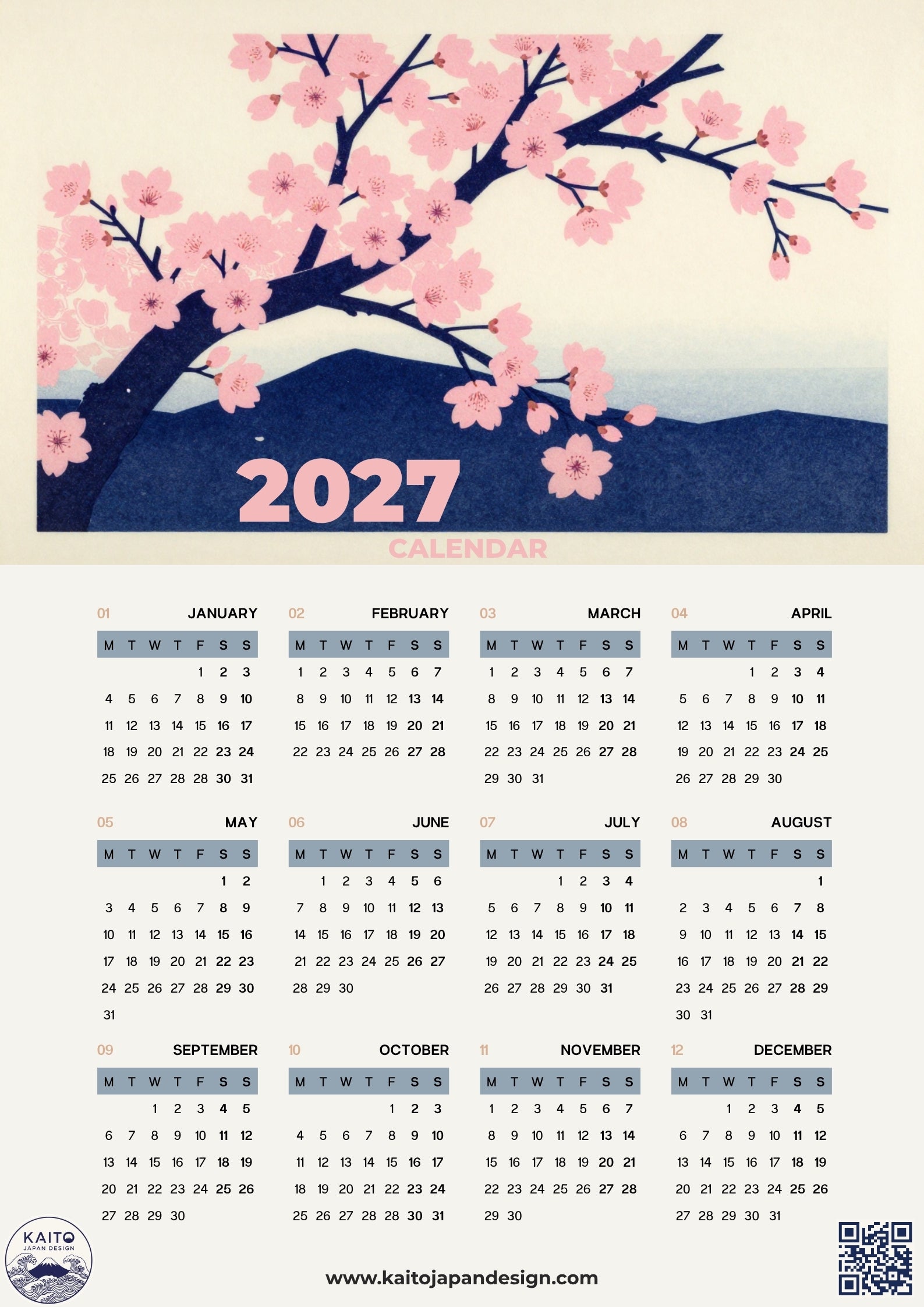A 2027 calendar featuring a cherry blossom tree illustration with pink flowers and a blue sky on the cover, with the full year's monthly grids below on a light beige background.