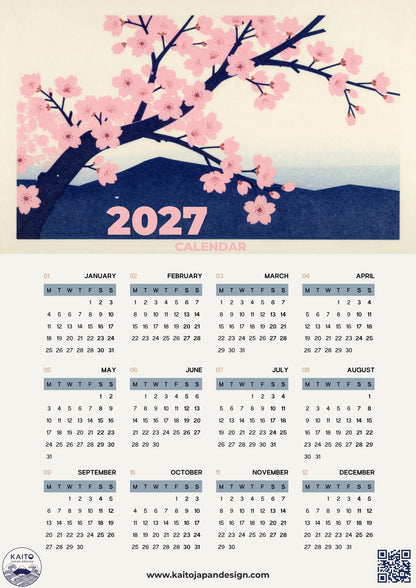 A 2027 calendar featuring a cherry blossom tree illustration with pink flowers and a blue sky on the cover, with the full year's monthly grids below on a light beige background.