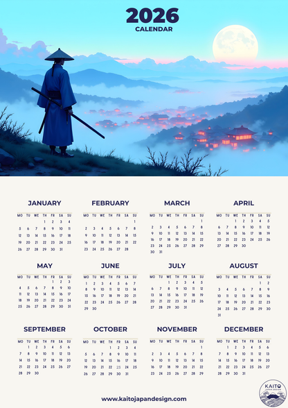 2026 calendar with a samurai figure and mountain landscape design.