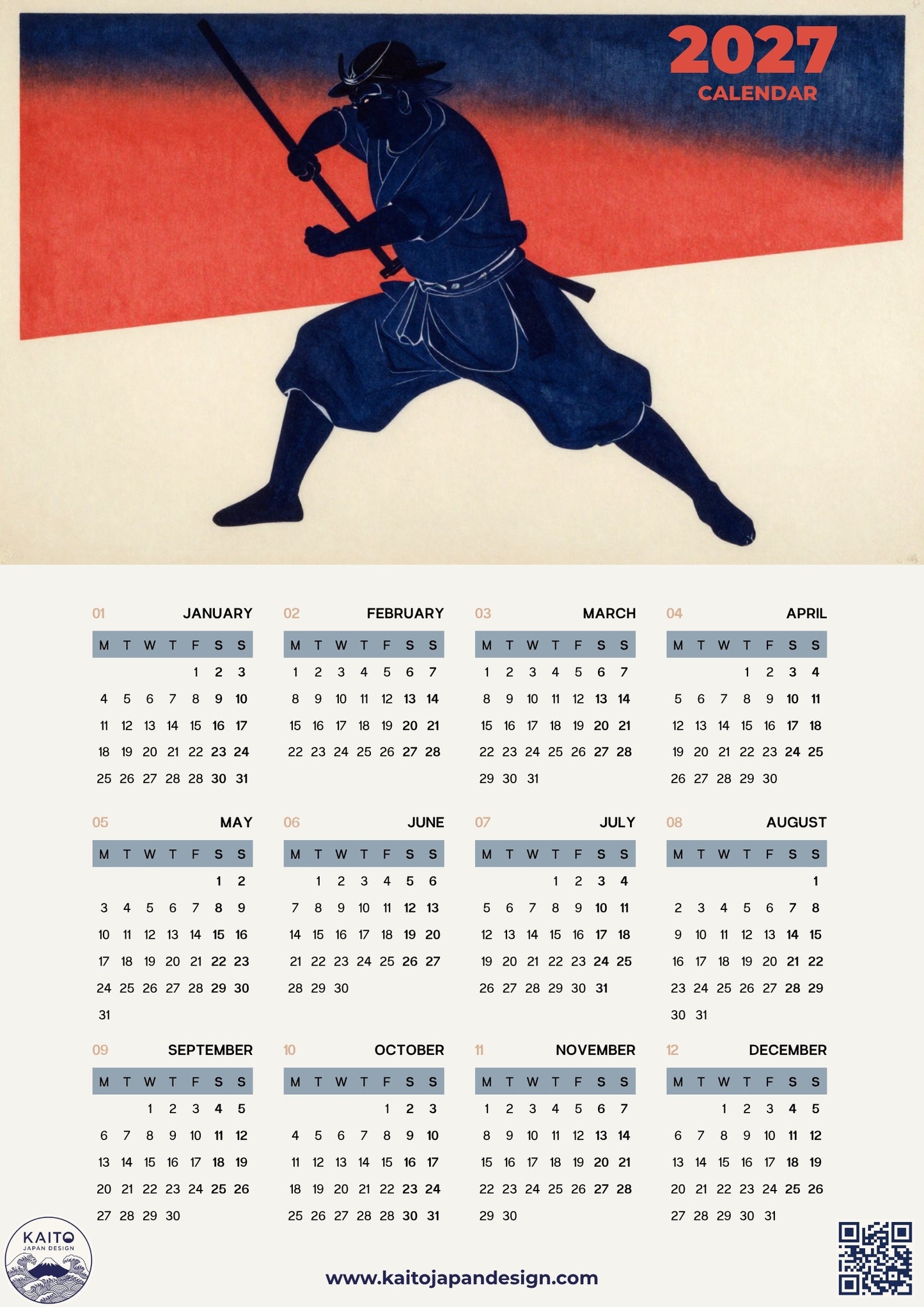 A 2027 calendar poster featuring a stylized samurai silhouette in dark blue against a red and cream background on the upper half, with the months and days shown in a grid format on a light beige lower half.