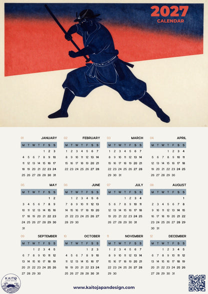 A 2027 calendar poster featuring a stylized samurai silhouette in dark blue against a red and cream background on the upper half, with the months and days shown in a grid format on a light beige lower half.