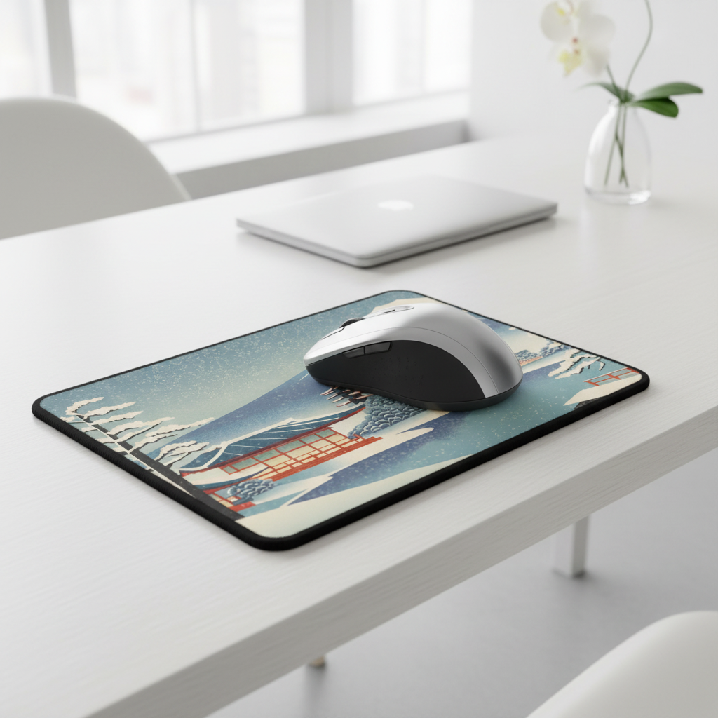 Mouse on a decorative mouse pad on a desk with a laptop in the background