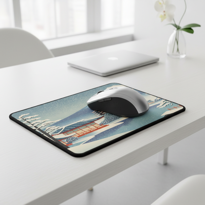 Mouse on a decorative mouse pad on a desk with a laptop in the background