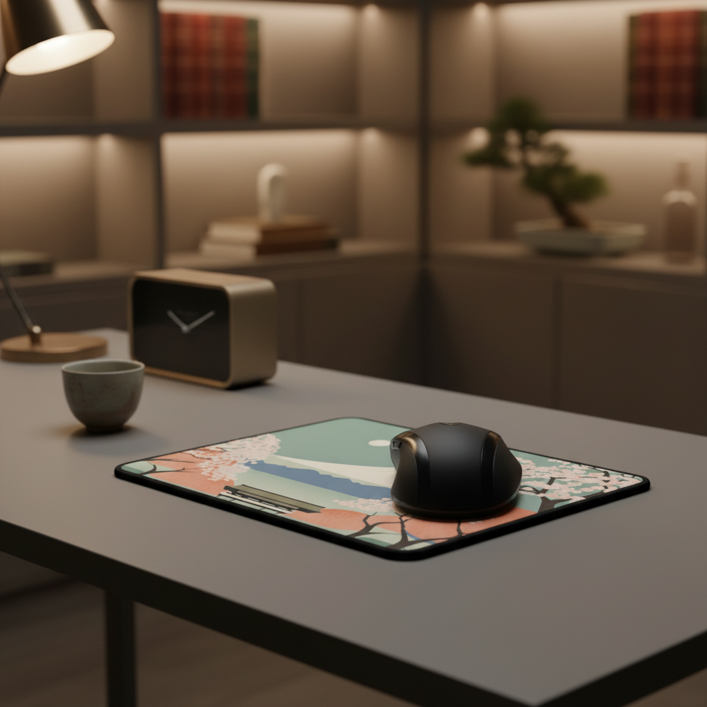 Mouse on a decorative mouse pad with a blurred kitchen background