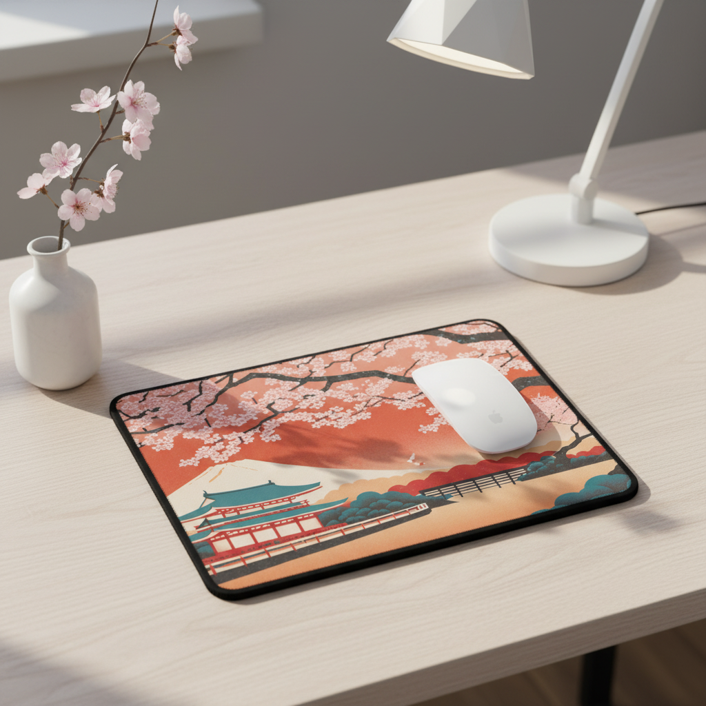Mouse pad with cherry blossom design on a desk with a vase and lamp.
