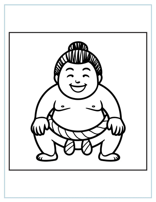 Black and white illustration of a sumo wrestler with a happy expression.