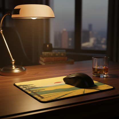 Desk setup with a lamp, mouse, and glass of whiskey, featuring a scenic mouse pad.