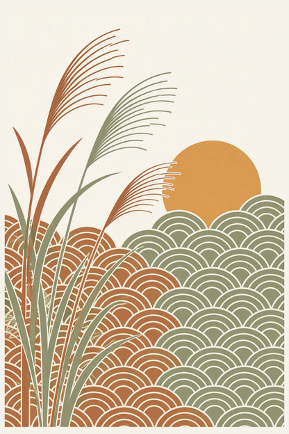 A minimalist art print featuring stylized reeds in rust and sage green alongside a wave pattern in terracotta and muted green, with a large orange sun on a cream background.