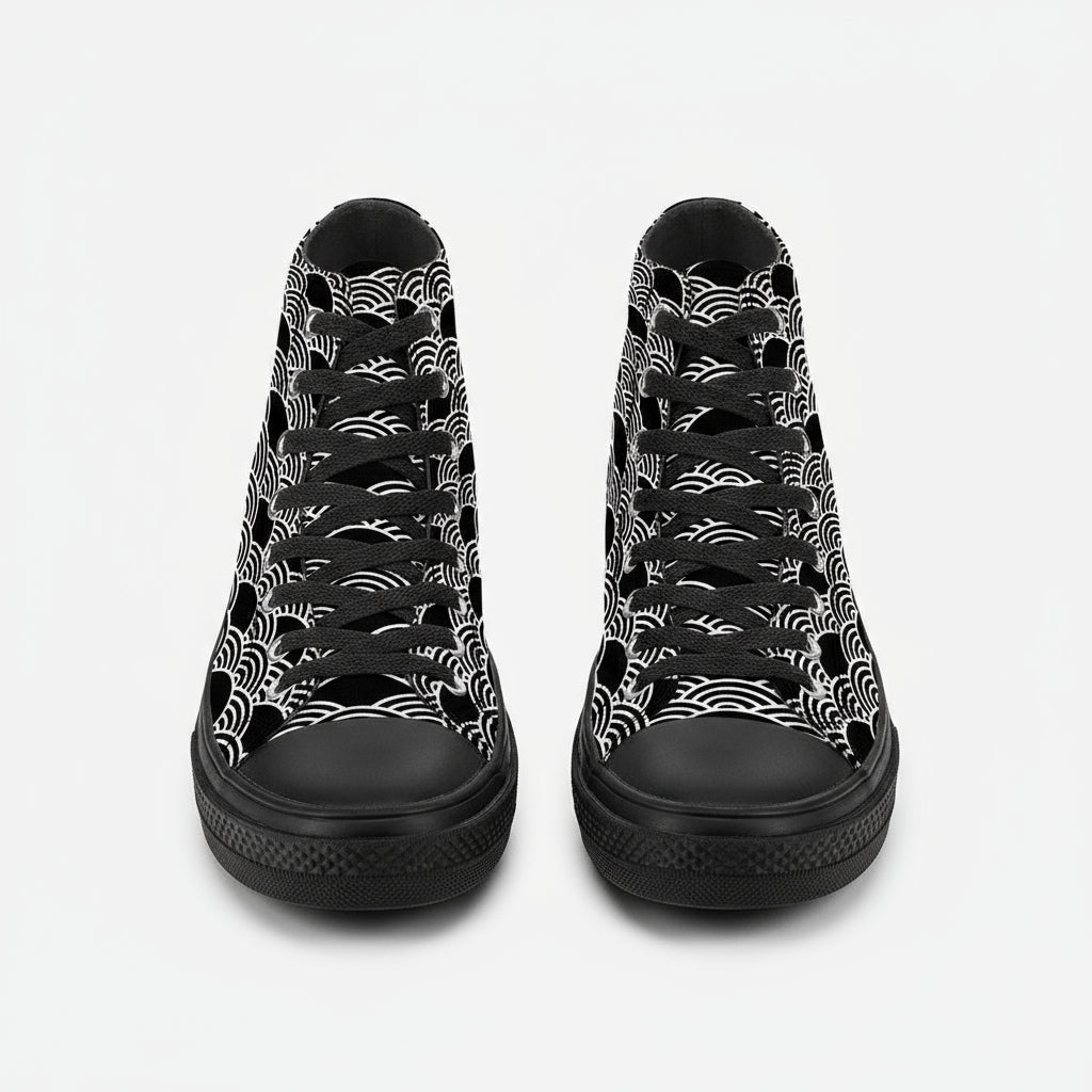 Black high-top sneakers with white lace patterns on a white background