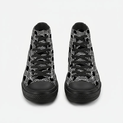 Black high-top sneakers with white lace patterns on a white background