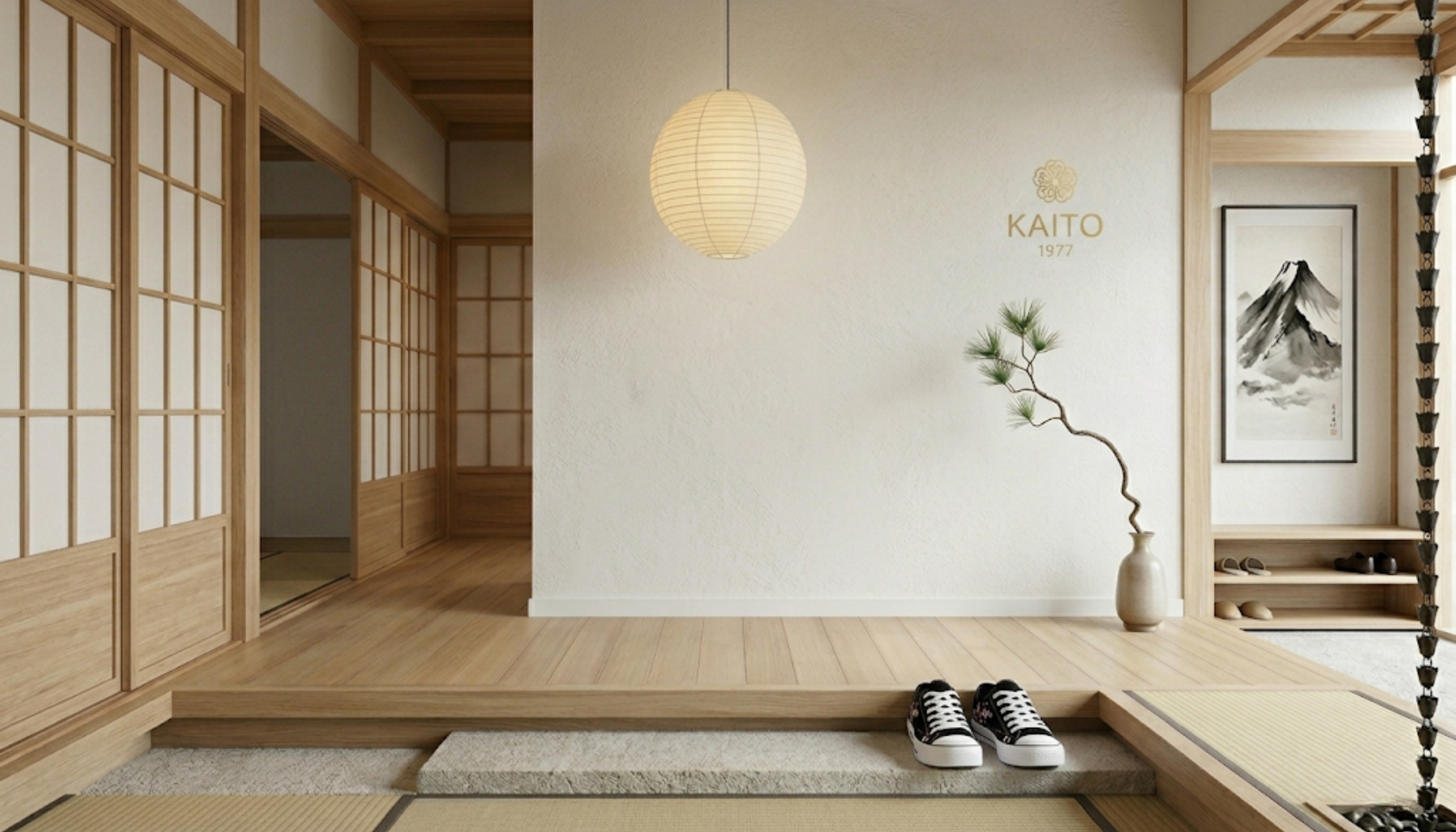 Modern interior design with wooden floors, sliding doors, and a 'Kaito' logo on the wall.
