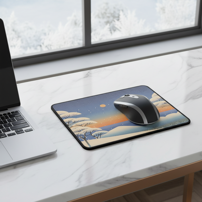 Mouse on a decorative mouse pad with a scenic design, next to a laptop on a desk.