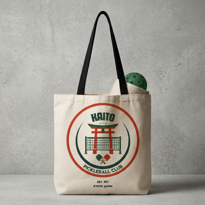 Tote bag with Kaito Pickleball Club logo on a gray background