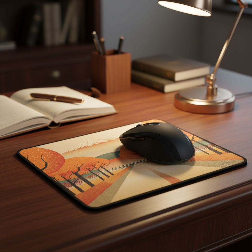 Mouse on a decorative mouse pad with a desk setup including books and a lamp.